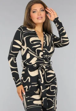 Zwarte Jumpsuit met Beige Patroon en Ceintuur