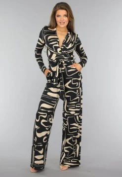 Zwarte Jumpsuit met Beige Patroon en Ceintuur