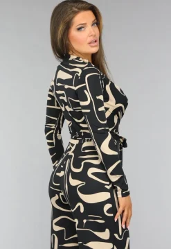 Zwarte Jumpsuit met Beige Patroon en Ceintuur