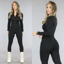 Zwarte Jumpsuit met Hoge Sluiting en Stiksels