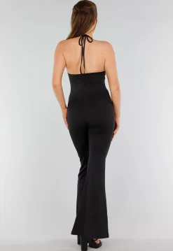 Zwarte Jumpsuit met Kanten Haltertop, V-Hals en Flared Pijpen