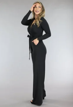 Zwarte Jumpsuit met Wijde Pijpen en Tailleband