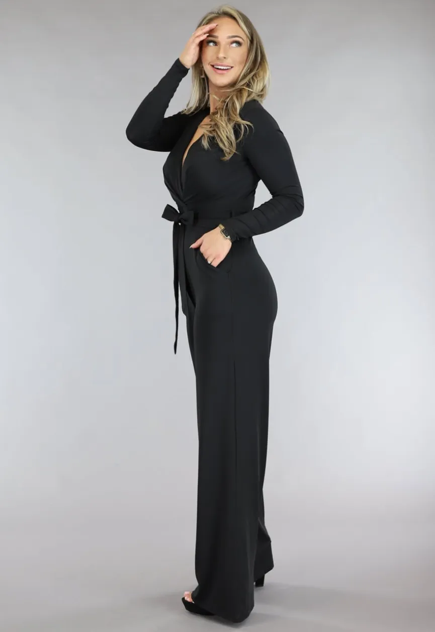 Zwarte Jumpsuit met Wijde Pijpen en Tailleband