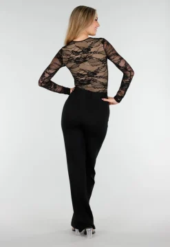 Zwarte Kant Bodysuit met Stretch en Beige Onderlaag