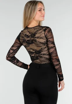 Zwarte Kant Bodysuit met Stretch en Beige Onderlaag