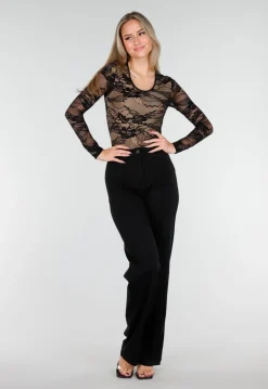 Zwarte Kant Bodysuit met Stretch en Beige Onderlaag