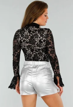 Zwarte Kanten Bodysuit met Cut-Out bij het Sleutelbeen en Transparante Mouwen