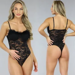Zwarte Kanten Bodysuit met Veren