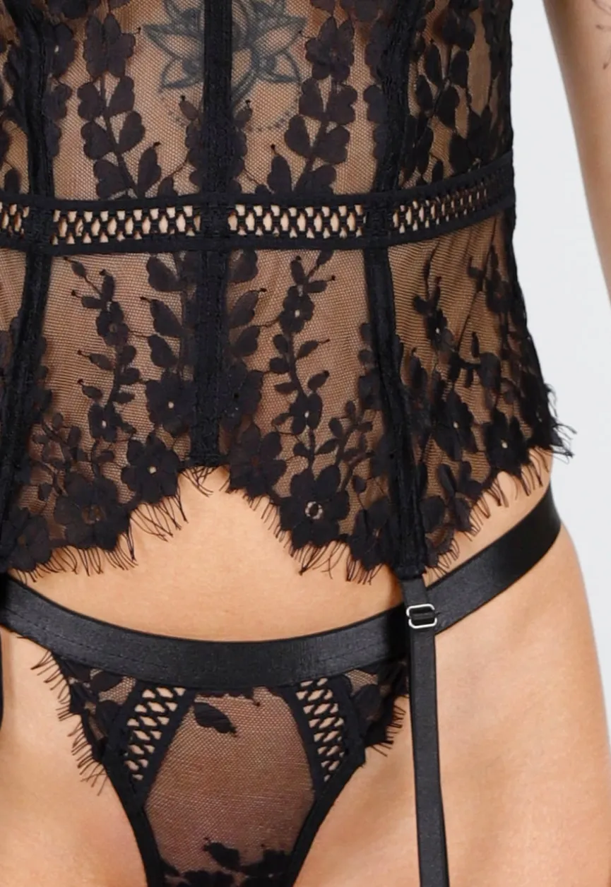 Zwarte Kanten Bustier met Jarretels en Borduursel
