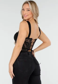 Zwarte Kanten Corset Top met Beugel en Padded Cups