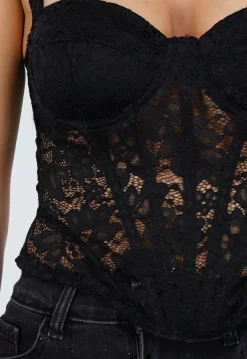 Zwarte Kanten Corset Top met Beugel en Padded Cups