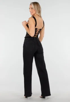 Zwarte Kanten Corset Top met Beugel en Padded Cups