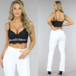 Zwarte Kanten Crop Top met Glitter Steentjes