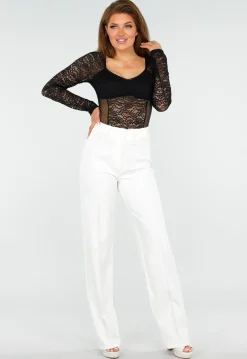 Zwarte Kanten Korsetlook Stretch Top met Lange Mouwen, Sweetheart Halslijn en Volledig Mesh Achterzijde