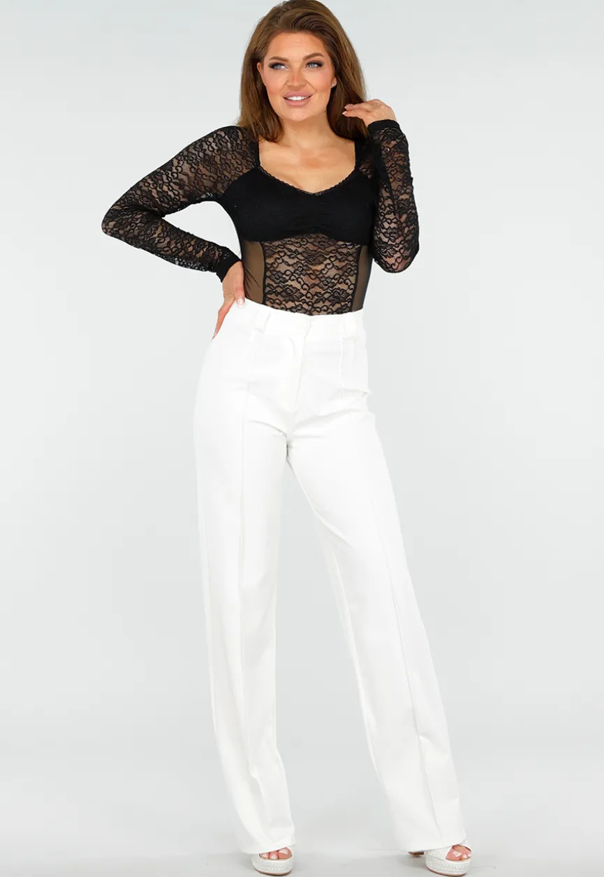 Zwarte Kanten Korsetlook Stretch Top met Lange Mouwen, Sweetheart Halslijn en Volledig Mesh Achterzijde
