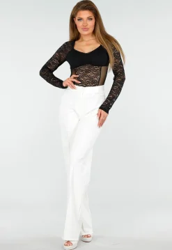 Zwarte Kanten Korsetlook Stretch Top met Lange Mouwen, Sweetheart Halslijn en Volledig Mesh Achterzijde