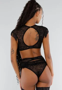 Zwarte Kanten Lingerie Set met Franjes en Open Detail