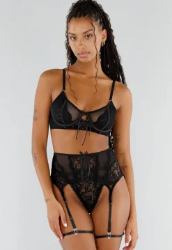 Zwarte Kanten Lingerie Set met Jarretelgordel Strikdetails en Mesh
