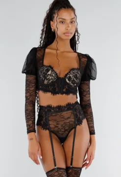 Zwarte Kanten Lingerieset met Lange Mouwen Hoge Taille Jarretelgordel