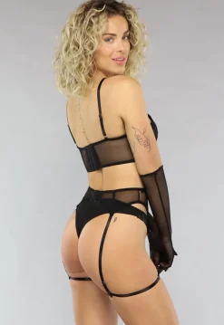 Zwarte Kanten Lingerie Set met Handschoenen