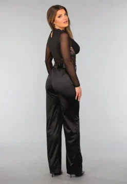 Zwarte Kanten Longsleeve Bodysuit met Cut Out