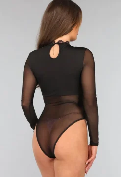 Zwarte Kanten Longsleeve Bodysuit met Cut Out