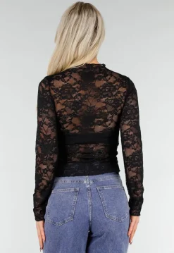 Zwarte Kanten Mesh Top met Lange Mouwen en Col