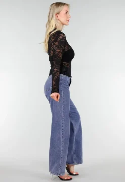 Zwarte Kanten Mesh Top met Lange Mouwen en Col