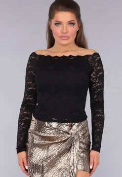 Zwarte Kanten Off-Shoulder Top met Lange Mouwen