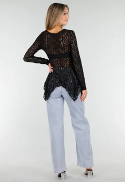 Zwarte Kanten Peplum Top met Knopen