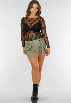 Zwarte Kanten See Trough Mesh Top met Stretch en Bloemenprint