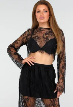 Zwarte Kanten Set met Top en Maxi Rok met Onderrok