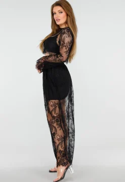 Zwarte Kanten Set met Top en Maxi Rok met Onderrok