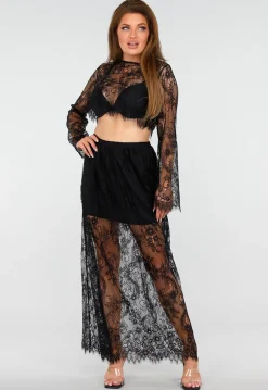 Zwarte Kanten Set met Top en Maxi Rok met Onderrok