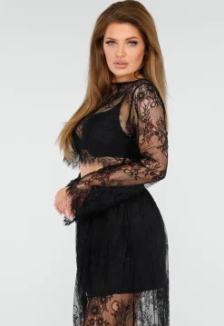 Zwarte Kanten Set met Top en Maxi Rok met Onderrok