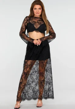 Zwarte Kanten Set met Top en Maxi Rok met Onderrok