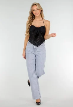 Zwarte Kanten Stretch Halter Top Met Striksluiting en Transparante Stof
