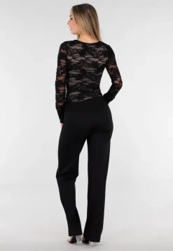 Zwarte Kanten Stretch Top met Lange Mouwen