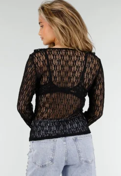 Zwarte Kanten Top met Lange Mouwen en Strikdetail