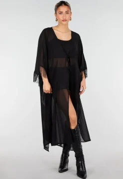 Zwarte Kimono met Halflange Mouwen en Franjes