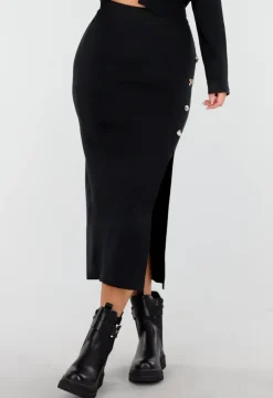 Zwarte Knitted Set met Midi Rok met Split