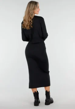 Zwarte Knitted Set met Midi Rok met Split