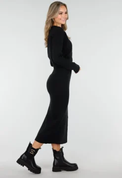 Zwarte Knitted Set met Midi Rok met Split