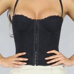 Zwarte Korset Top met Kanten Details