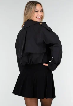 Zwarte Korte Trenchcoat met Knopen en Reverskraag