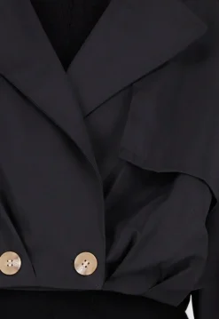 Zwarte Korte Trenchcoat met Knopen en Reverskraag
