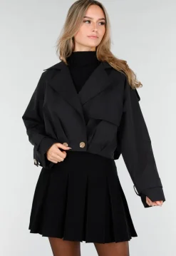Zwarte Korte Trenchcoat met Knopen en Reverskraag