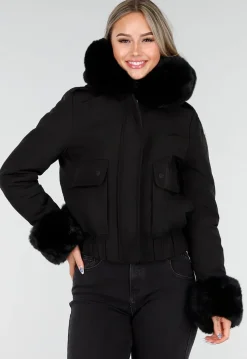 Zwarte Korte Winterjas met Afneembare Faux Fur Kraag en Manchetten