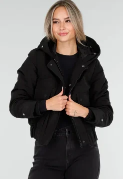 Zwarte Korte Winterjas met Afneembare Faux Fur Kraag en Manchetten