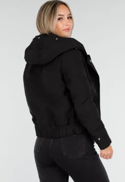 Zwarte Korte Winterjas met Afneembare Faux Fur Kraag en Manchetten